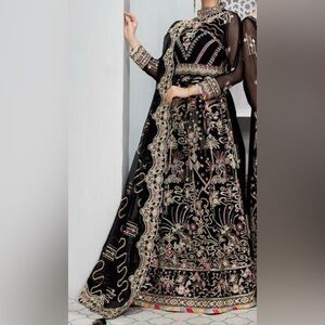 Embroidered Black Evening Dress with Gold & Pink Accents